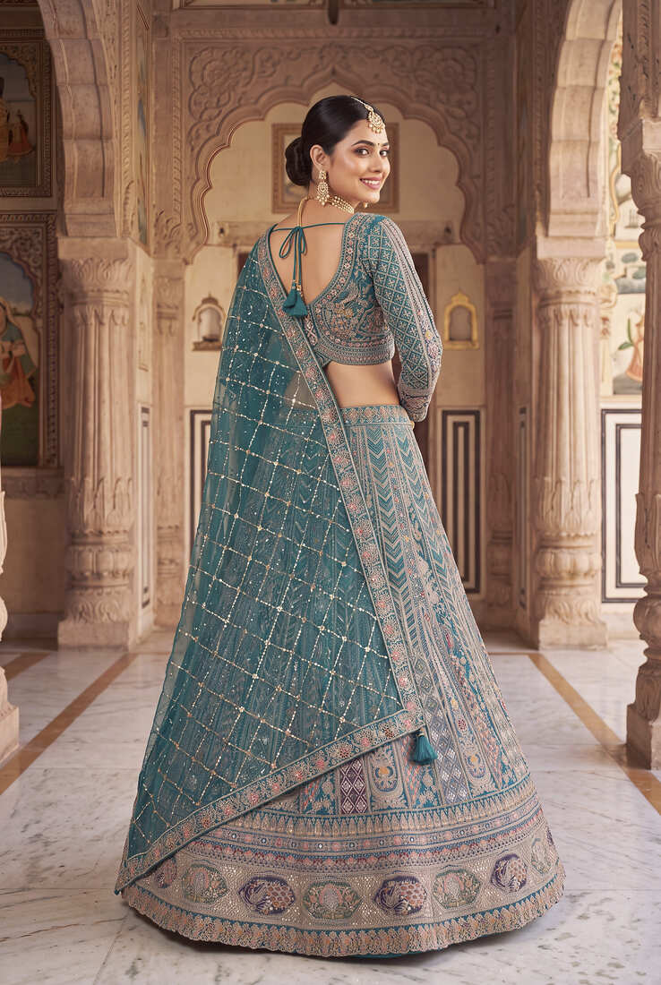 Thread and Zari Work Lehenga Choli – Premium Teal Party Wear Traditional Indian Outfit