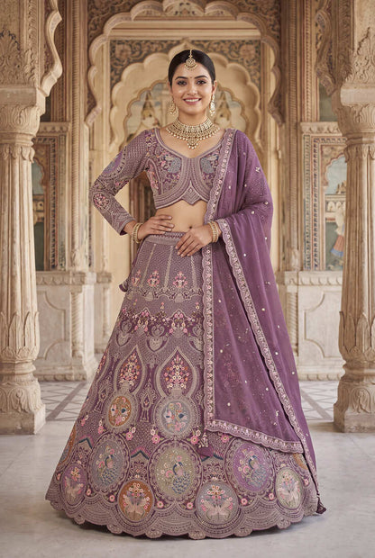 Women’s Heavy Embroidered Wedding Lehenga Choli – Purple/Mauve Party Wear Ethnic Indian Lehenga with Scalloped Dupatta