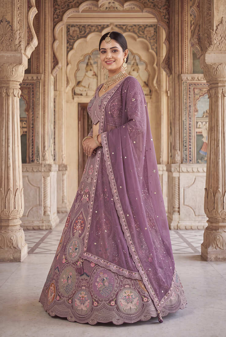 Women’s Heavy Embroidered Wedding Lehenga Choli – Purple/Mauve Party Wear Ethnic Indian Lehenga with Scalloped Dupatta