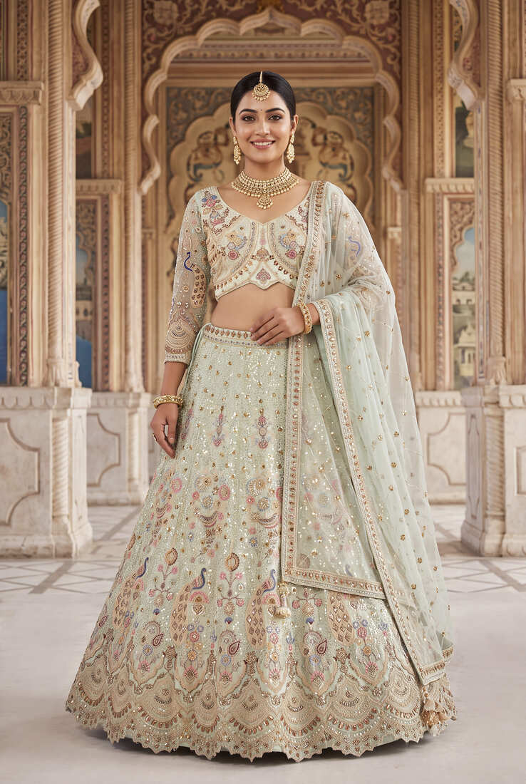 Pastel Mint Green Embroidered Lehenga Choli with Sequin Work – Designer Indian Ethnic Wear for Wedding & Bridal Functions