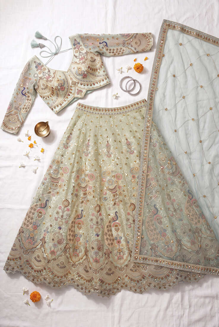 Pastel Mint Green Embroidered Lehenga Choli with Sequin Work – Designer Indian Ethnic Wear for Wedding & Bridal Functions