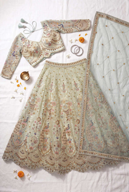 Pastel Mint Green Embroidered Lehenga Choli with Sequin Work – Designer Indian Ethnic Wear for Wedding & Bridal Functions
