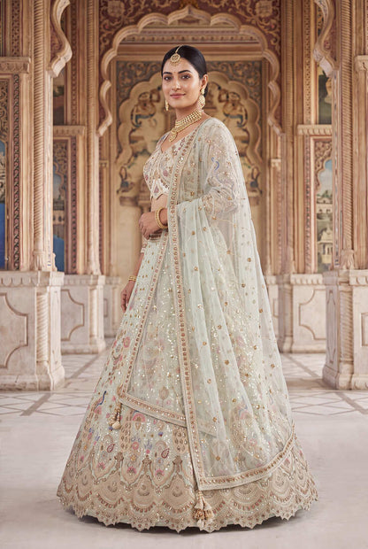 Pastel Mint Green Embroidered Lehenga Choli with Sequin Work – Designer Indian Ethnic Wear for Wedding & Bridal Functions