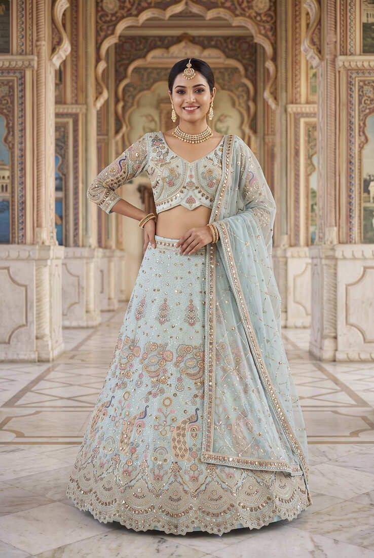 Light pista Designer Embroidered Lehenga Choli with Heavy embroidery thread sequence Work – Perfect for Weddings and Festive Occasions