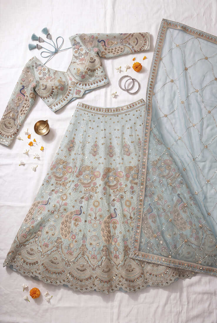 Light pista Designer Embroidered Lehenga Choli with Heavy embroidery thread sequence Work – Perfect for Weddings and Festive Occasions