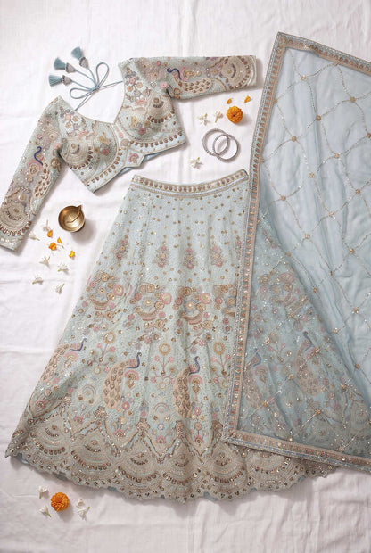 Light pista Designer Embroidered Lehenga Choli with Heavy embroidery thread sequence Work – Perfect for Weddings and Festive Occasions