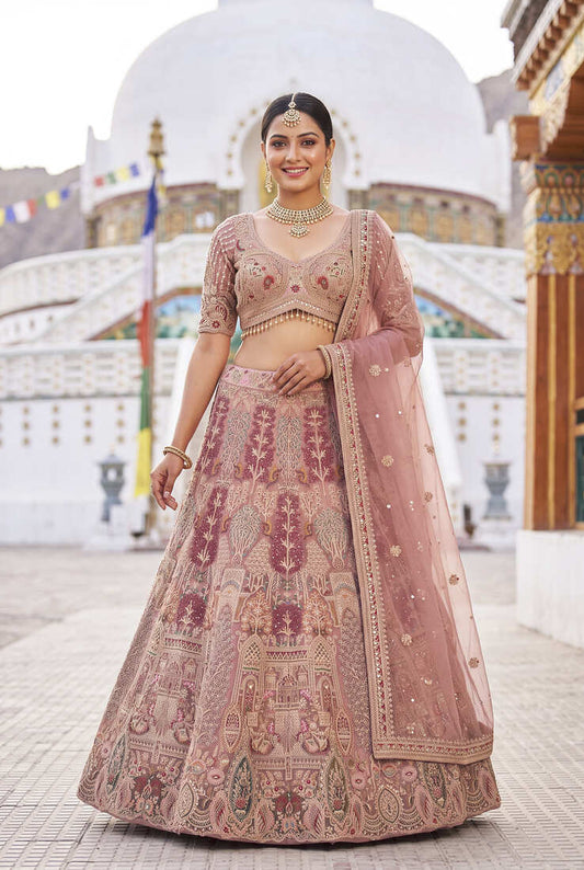 Dusty Rose Embroidered Net Lehenga Choli Set with Heavy embroidery and Sequins Work – Bridal & Festive Ethnic Wear and party wear