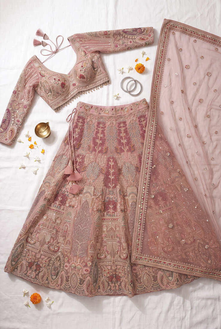 Dusty Rose Embroidered Net Lehenga Choli Set with Heavy embroidery and Sequins Work – Bridal & Festive Ethnic Wear and party wear
