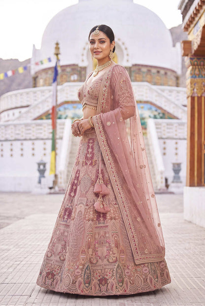 Dusty Rose Embroidered Net Lehenga Choli Set with Heavy embroidery and Sequins Work – Bridal & Festive Ethnic Wear and party wear