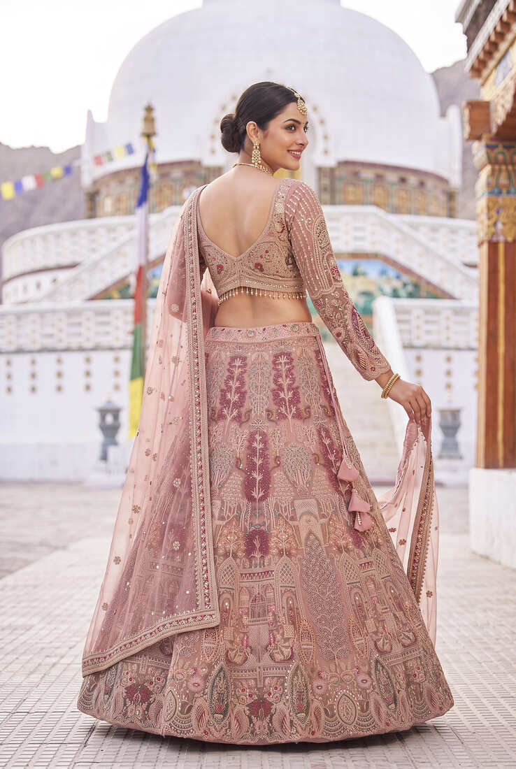 Dusty Rose Embroidered Net Lehenga Choli Set with Heavy embroidery and Sequins Work – Bridal & Festive Ethnic Wear and party wear