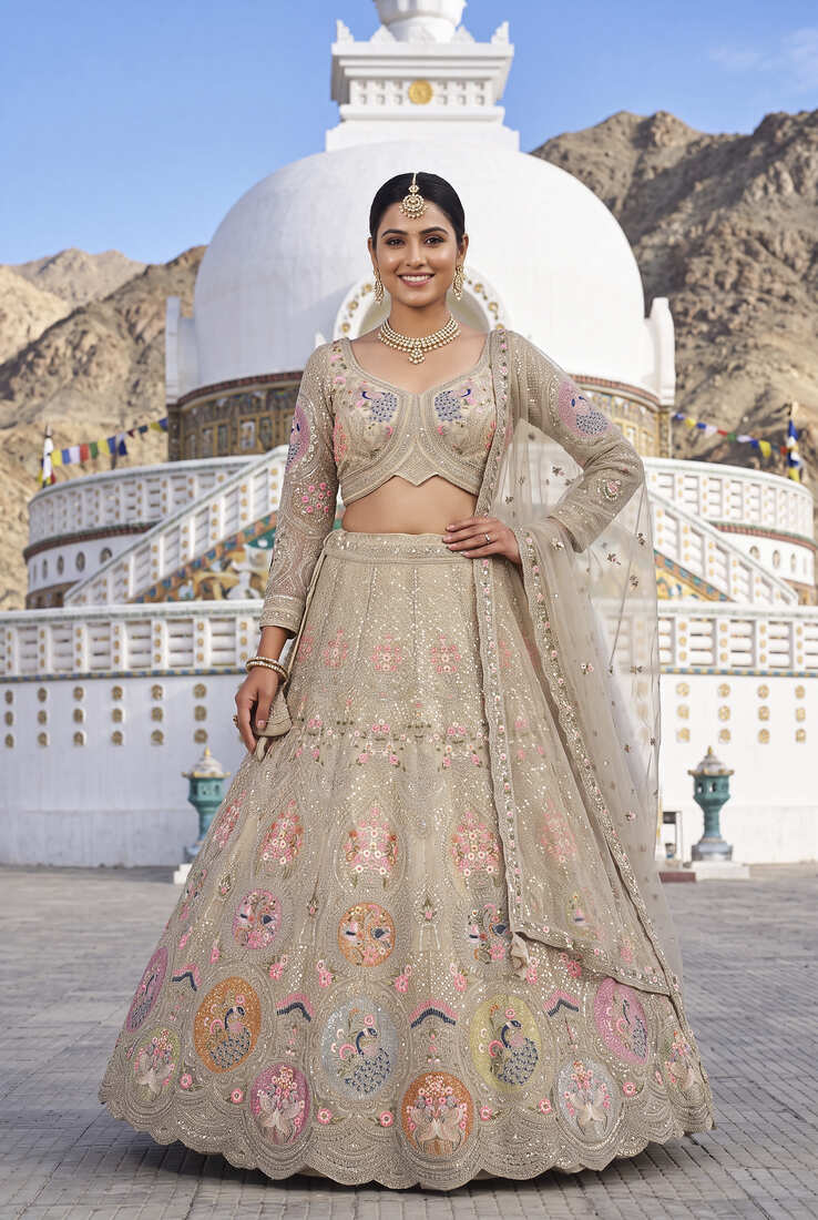 Luxurious Beige Ethnic Lehenga Set with Floral and Peacock Embroidery – Perfect for Weddings and Festive Occasions