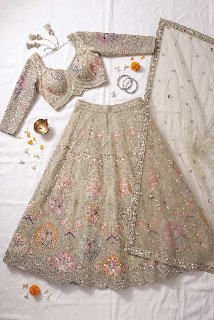 Luxurious Beige Ethnic Lehenga Set with Floral and Peacock Embroidery – Perfect for Weddings and Festive Occasions