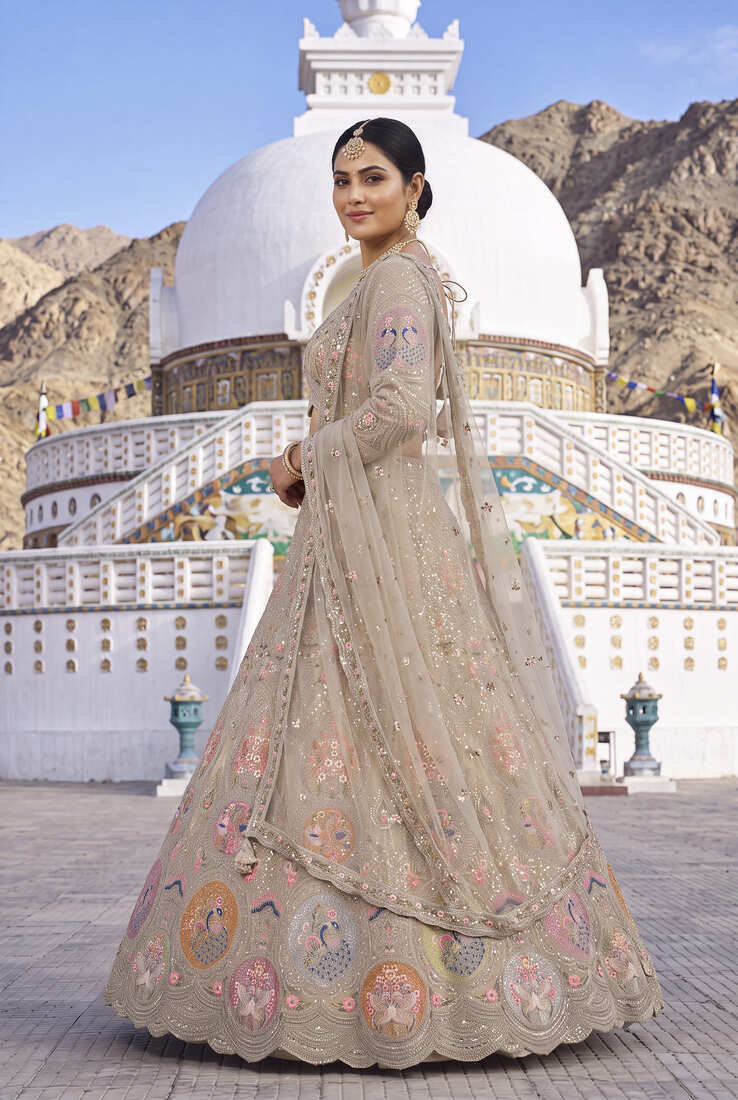 Luxurious Beige Ethnic Lehenga Set with Floral and Peacock Embroidery – Perfect for Weddings and Festive Occasions