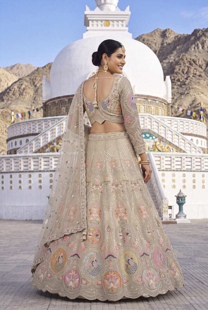 Luxurious Beige Ethnic Lehenga Set with Floral and Peacock Embroidery – Perfect for Weddings and Festive Occasions