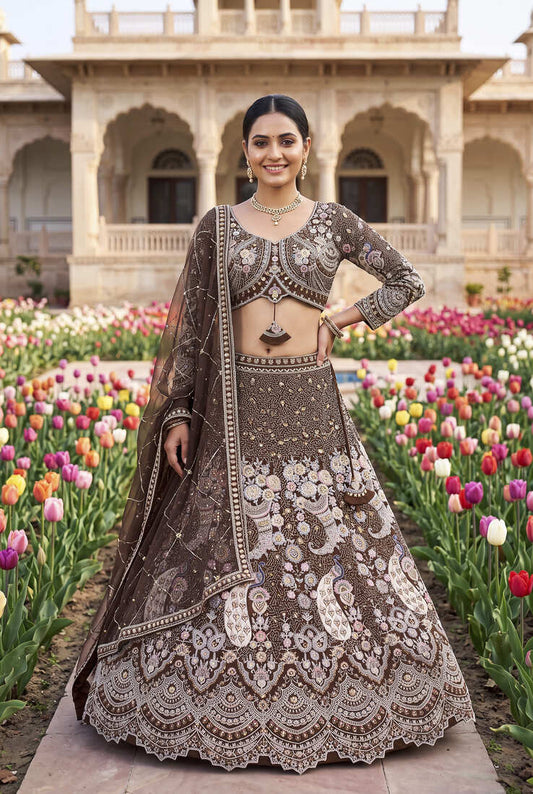Designer Heavy Embroidery Brown Lehenga Choli with Dupatta – Ethnic Party and Wedding Special Outfit"