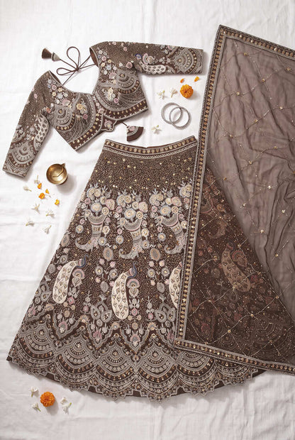 Designer Heavy Embroidery Brown Lehenga Choli with Dupatta – Ethnic Party and Wedding Special Outfit"