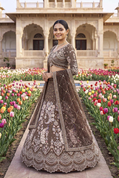 Designer Heavy Embroidery Brown Lehenga Choli with Dupatta – Ethnic Party and Wedding Special Outfit"