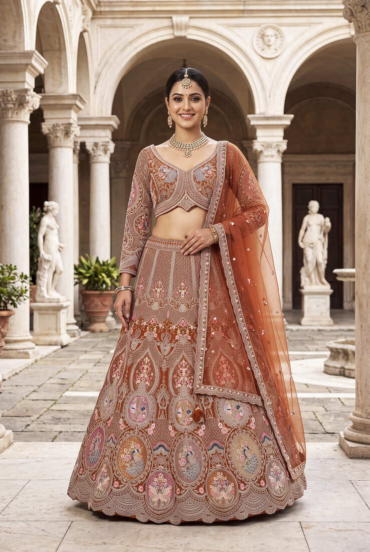 Designer Rust Orange Embroidered Lehenga Choli with Heavy Thread Work and Sequins for Wedding and Festive Wear