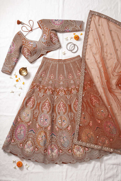 Designer Rust Orange Embroidered Lehenga Choli with Heavy Thread Work and Sequins for Wedding and Festive Wear