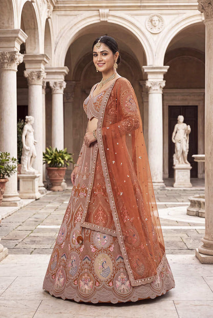 Designer Rust Orange Embroidered Lehenga Choli with Heavy Thread Work and Sequins for Wedding and Festive Wear