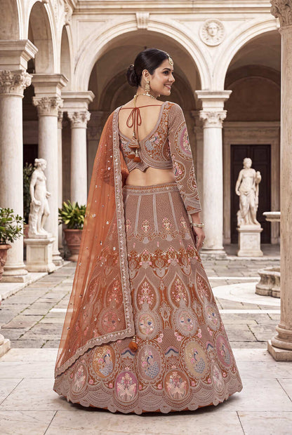 Designer Rust Orange Embroidered Lehenga Choli with Heavy Thread Work and Sequins for Wedding and Festive Wear