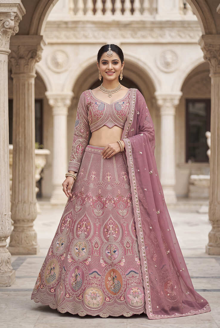 Dusty Rose Designer Lehenga Choli with Intricate Embroidery and Matching Dupatta – Elegant Ethnic Bridal/Wedding Wear