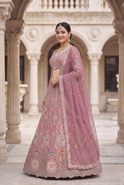 Dusty Rose Designer Lehenga Choli with Intricate Embroidery and Matching Dupatta – Elegant Ethnic Bridal/Wedding Wear