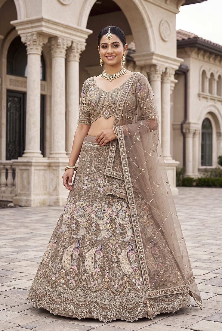 Premium Ethnic Designer Lehenga Choli Set for Women - Heavy Embroidered Peacock Motif Taupe Lehenga with Matching Dupatta for Wedding & Reception