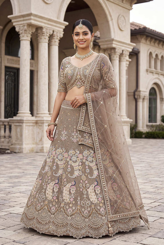 Premium Ethnic Designer Lehenga Choli Set for Women - Heavy Embroidered Peacock Motif Taupe Lehenga with Matching Dupatta for Wedding & Reception