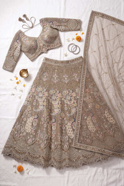Premium Ethnic Designer Lehenga Choli Set for Women - Heavy Embroidered Peacock Motif Taupe Lehenga with Matching Dupatta for Wedding & Reception