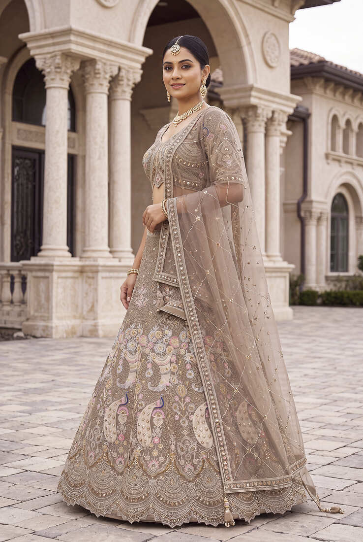 Premium Ethnic Designer Lehenga Choli Set for Women - Heavy Embroidered Peacock Motif Taupe Lehenga with Matching Dupatta for Wedding & Reception