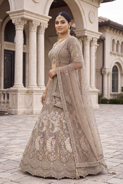 Premium Ethnic Designer Lehenga Choli Set for Women - Heavy Embroidered Peacock Motif Taupe Lehenga with Matching Dupatta for Wedding & Reception