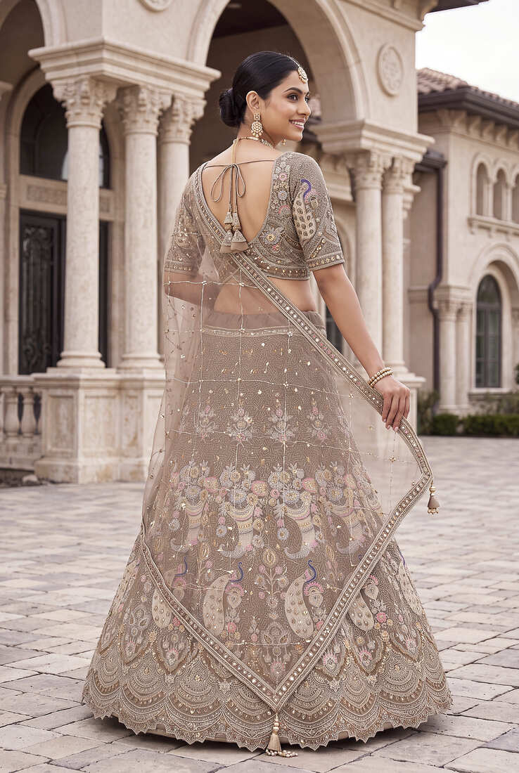 Premium Ethnic Designer Lehenga Choli Set for Women - Heavy Embroidered Peacock Motif Taupe Lehenga with Matching Dupatta for Wedding & Reception