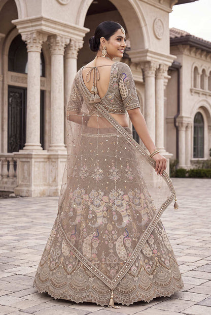Premium Ethnic Designer Lehenga Choli Set for Women - Heavy Embroidered Peacock Motif Taupe Lehenga with Matching Dupatta for Wedding & Reception