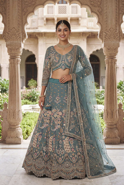 Peacock Sky Blue Embroidered Lehenga Choli with Net Dupatta – Traditional Wedding & Festive Wear for Women