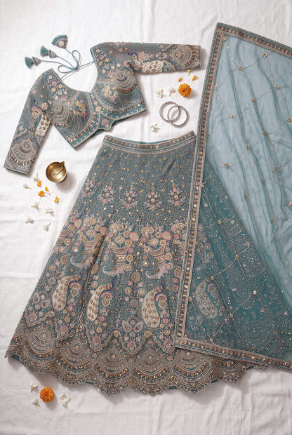 Peacock Sky Blue Embroidered Lehenga Choli with Net Dupatta – Traditional Wedding & Festive Wear for Women