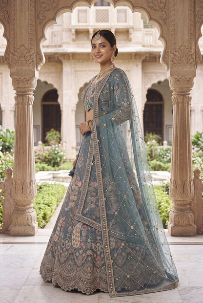 Peacock Sky Blue Embroidered Lehenga Choli with Net Dupatta – Traditional Wedding & Festive Wear for Women