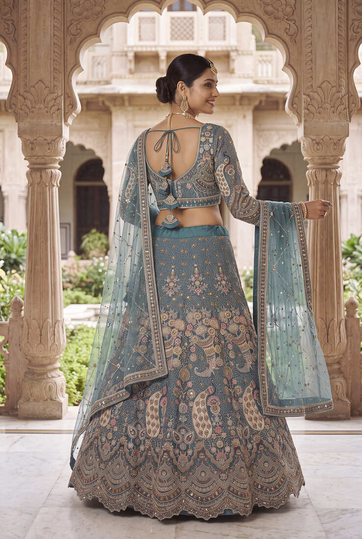 Peacock Sky Blue Embroidered Lehenga Choli with Net Dupatta – Traditional Wedding & Festive Wear for Women
