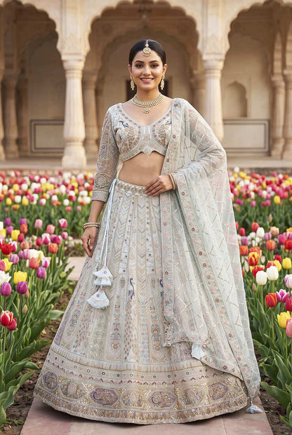 Elegant Pastel colour Embroidered Lehenga Choli with Resham & Zardosi Work, Designer Indian Bridal/Wedding Outfit