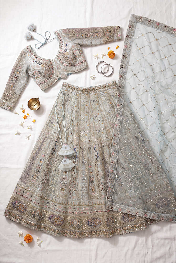Elegant Pastel colour Embroidered Lehenga Choli with Resham & Zardosi Work, Designer Indian Bridal/Wedding Outfit
