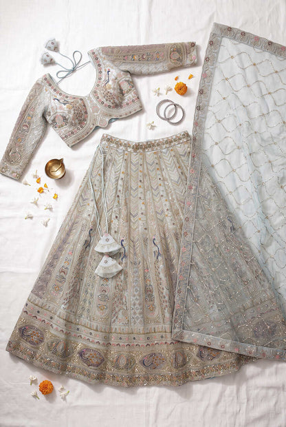 Elegant Pastel colour Embroidered Lehenga Choli with Resham & Zardosi Work, Designer Indian Bridal/Wedding Outfit