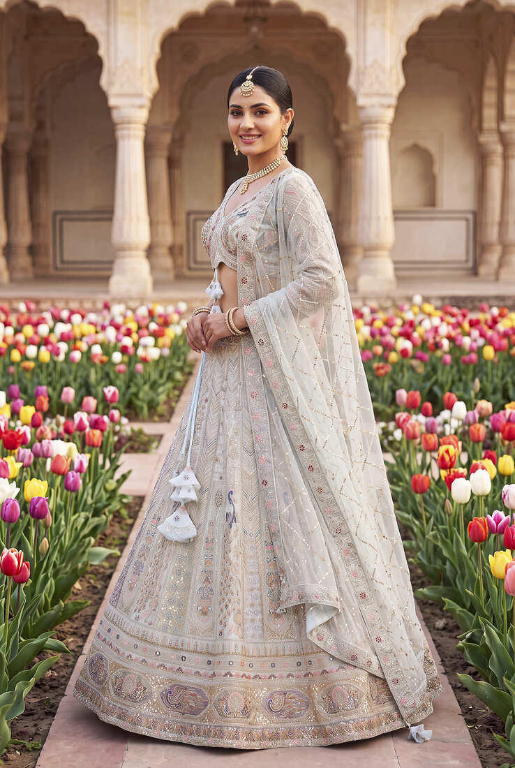 Elegant Pastel colour Embroidered Lehenga Choli with Resham & Zardosi Work, Designer Indian Bridal/Wedding Outfit