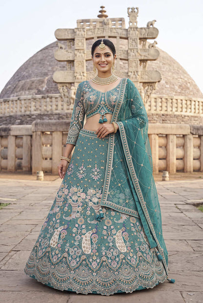 Sea Green Floral Embroidered Lehenga Set with Net Dupatta - Traditional Ethnic Bridal Wear