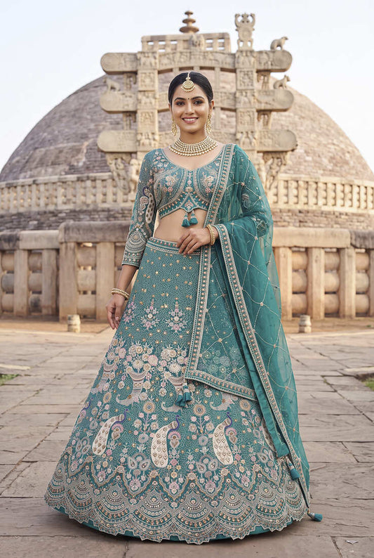 Sea Green Floral Embroidered Lehenga Set with Net Dupatta - Traditional Ethnic Bridal Wear