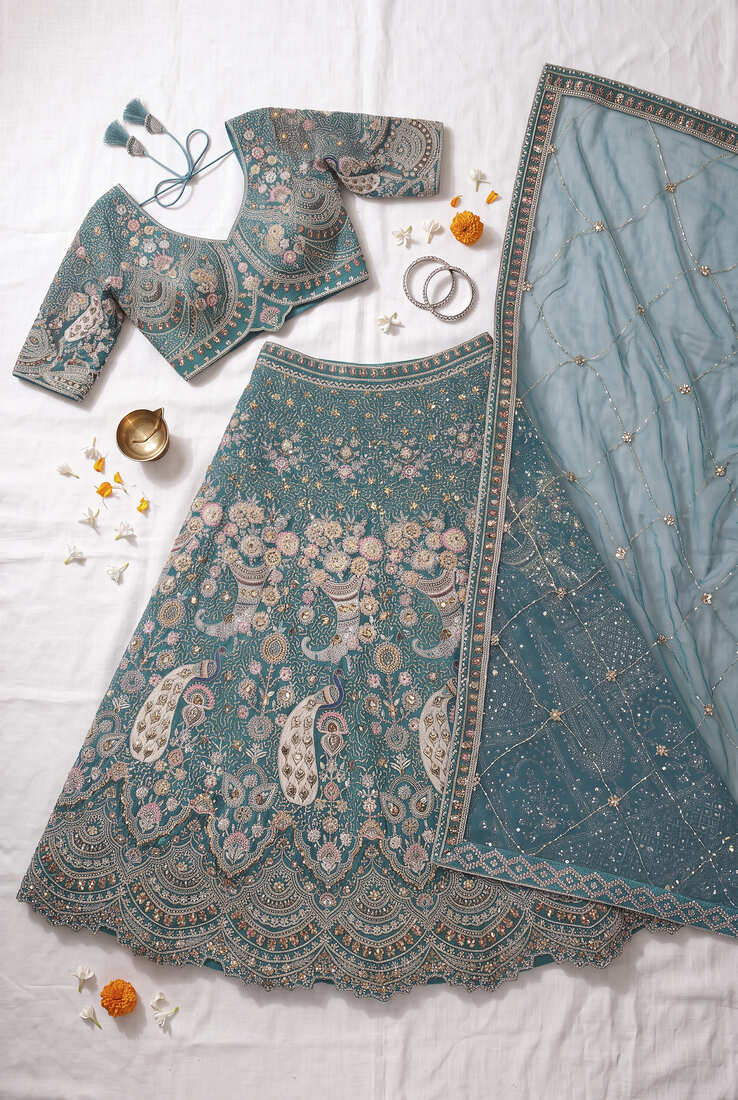 Sea Green Floral Embroidered Lehenga Set with Net Dupatta - Traditional Ethnic Bridal Wear