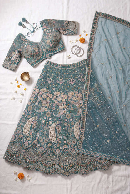 Sea Green Floral Embroidered Lehenga Set with Net Dupatta - Traditional Ethnic Bridal Wear