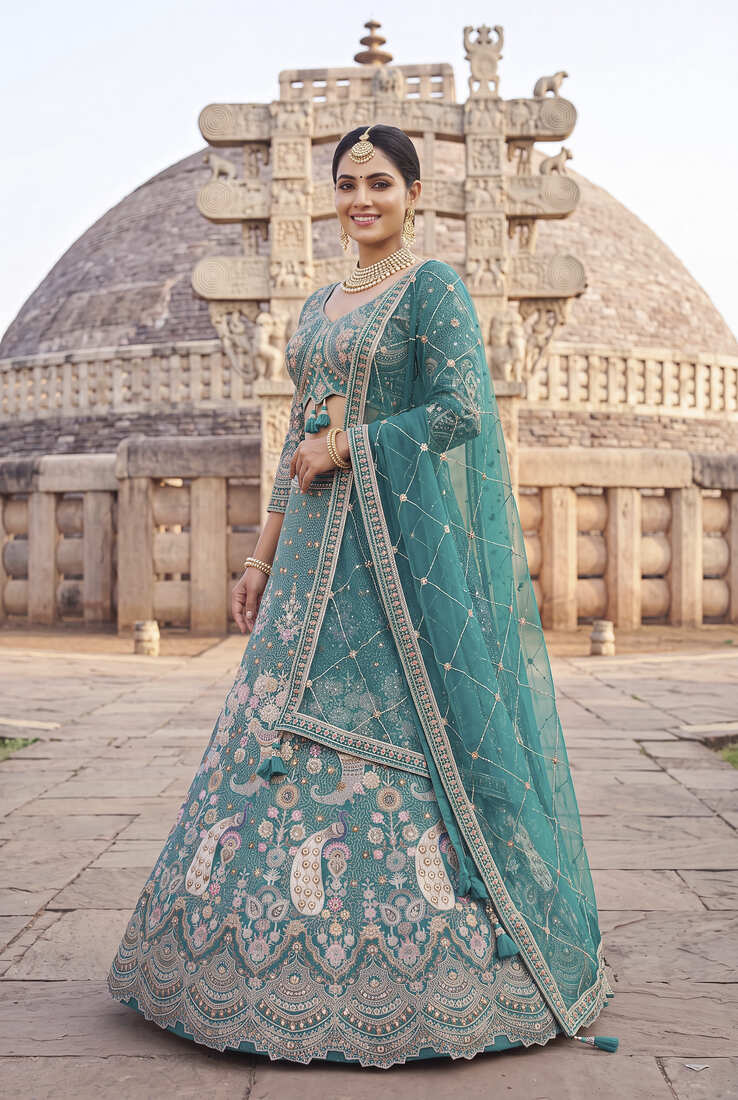 Sea Green Floral Embroidered Lehenga Set with Net Dupatta - Traditional Ethnic Bridal Wear