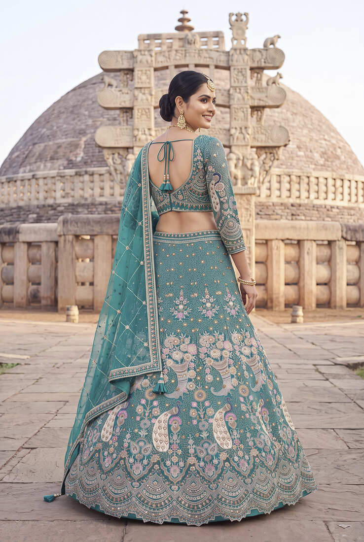 Sea Green Floral Embroidered Lehenga Set with Net Dupatta - Traditional Ethnic Bridal Wear