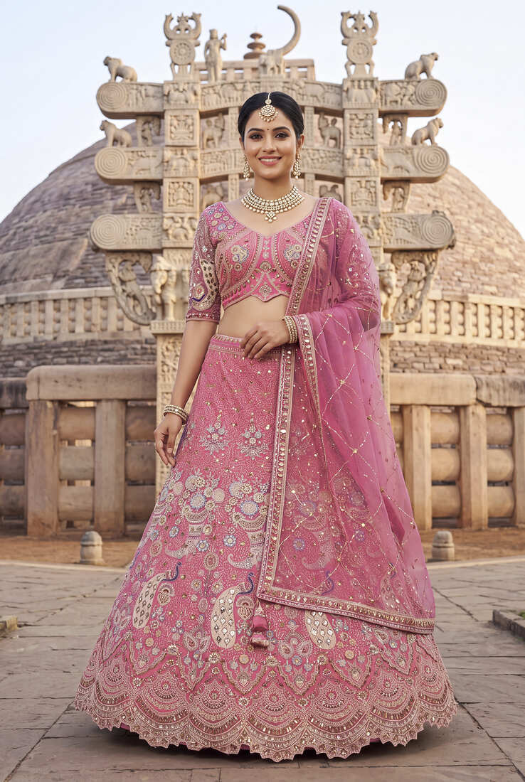 Stunning Pink Embroidered Lehenga Choli with Heavy Zari Work and Sequins – Perfect for Weddings & Festive Occasions