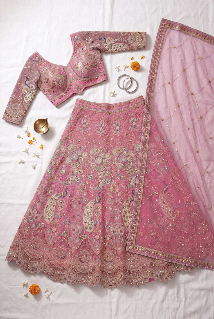 Stunning Pink Embroidered Lehenga Choli with Heavy Zari Work and Sequins – Perfect for Weddings & Festive Occasions